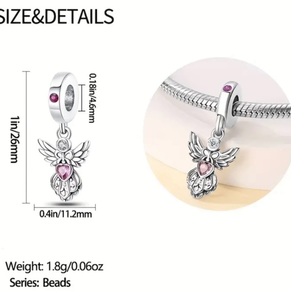 Sterling Silver Angel Charm Pendant with a Pink Gemstone Heart - Picture 2 of 11